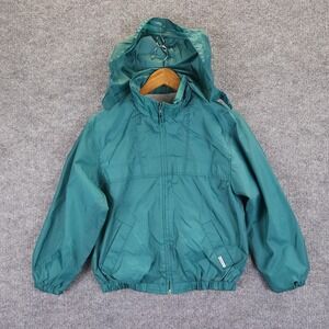 London Fog Jacket Kids Medium Green Full Zip Zippable Hideable Hood VTG